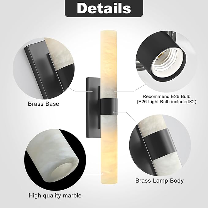 23" Matte Black Brass Wall Sconce with Marble Shade - Bathroom Vanity Light, Makeup Vanity Lamp & Over-Mirror Lighting, Vintage Rust-Resistant E26 Indoor Fixture