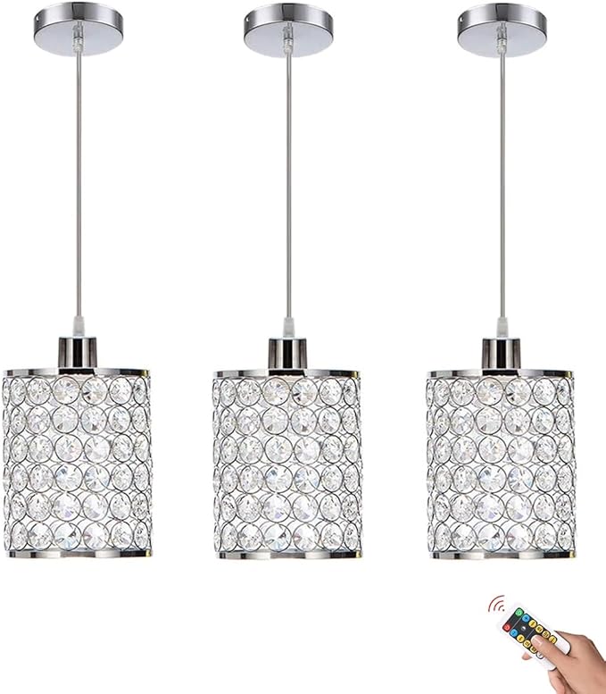 Battery Operated Pendant Lights with Remote 3 Packs,Rechargeable Pendant Light Not Hardwired,Crystal Glass Chandelier Cordless Ceiling Hanging Lamp for Kitchen Island Dining Room Table