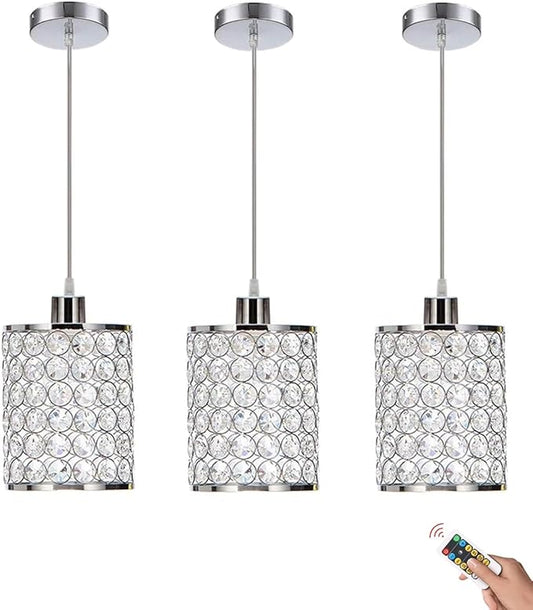 Battery Operated Pendant Lights with Remote 3 Packs,Rechargeable Pendant Light Not Hardwired,Crystal Glass Chandelier Cordless Ceiling Hanging Lamp for Kitchen Island Dining Room Table