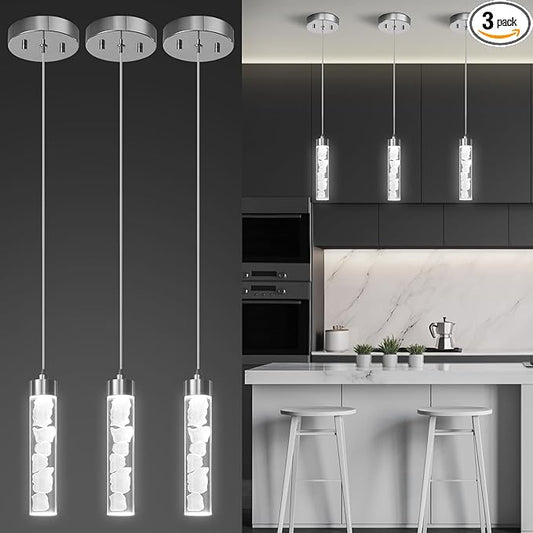 Pendant Lights Kitchen Island 3 Pack,3CCT Modern Crystal Stone Pendant Light Fixtures,Dimmable LED Kitchen Island Lighting,Adjustable Chrome Hanging Light Fixture for Dining Room Hallway, ETL Listed