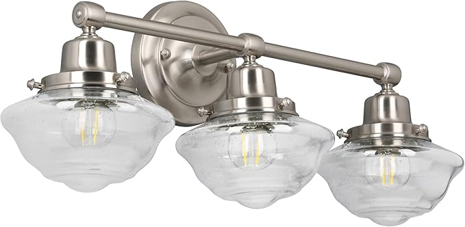 Design House Vintage-Inspired Schoolhouse 3-Light Dimmable Vanity Light, 23.125 in x 7.625 in x 9.5 in, Satin Nickel, Clear Seeded Glass Shades, 589143-SN
