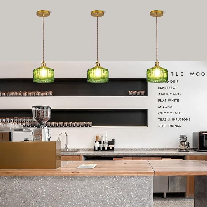 Single Glass Pendant Light Green Striped Glass Shade Brushed Brass Gold Pendant Lights Fixture Farmhouse 1-Light Vintage Industrial Ceiling Hanging Light for Dining Room Kitchen Island