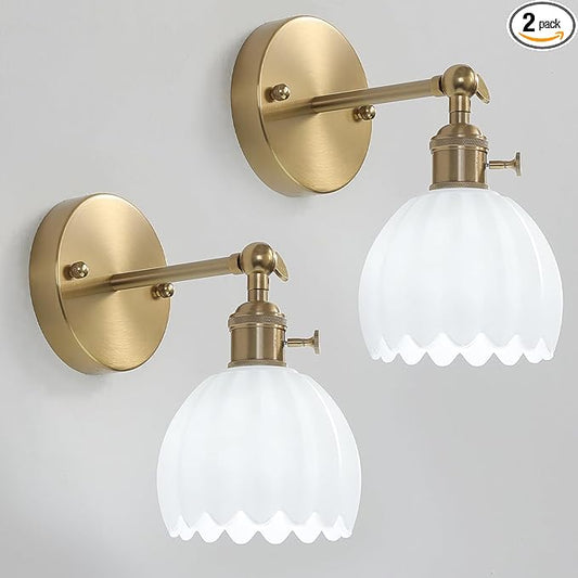 1-Light Gold Brass Bathroom Light Fixture,Wall Sconces Set of 2,Brushed Gold Vanlity Light Over Mirror,Bathroom Vanity Light with White Glass Flower Shade,E26 Socket(Bulbs Not Included)