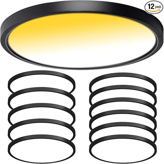CycevSun 12 Pack Black Flush Mount Ceiling Light, Dimmable & 3000K-4000K-5000K Selectable, 12 Inch 20W,Bright 2000LM, Low Profile, ETL