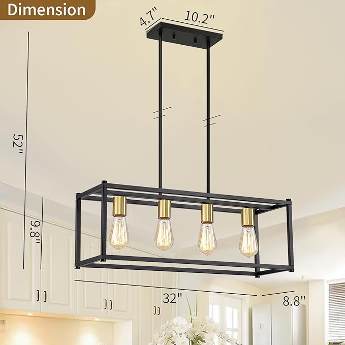 Yusist 4-Light Dining Room Light Fixture,Black Farmhouse Kitchen Island Lighting,Rustic Pendant Light Over Table with Adjustable Rods,Modern Linear Chandeliers for Dining Room Kitchen Island