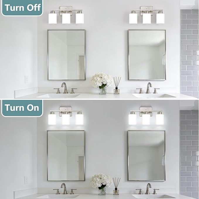 Brushed Nickel Bathroom Light Fixtures, 3-Light Modern Vanity Lights with Milky White Frosted Glass Shades, Wall Sconces for Mirror, Bathroom, Restroom (E26 Socket)
