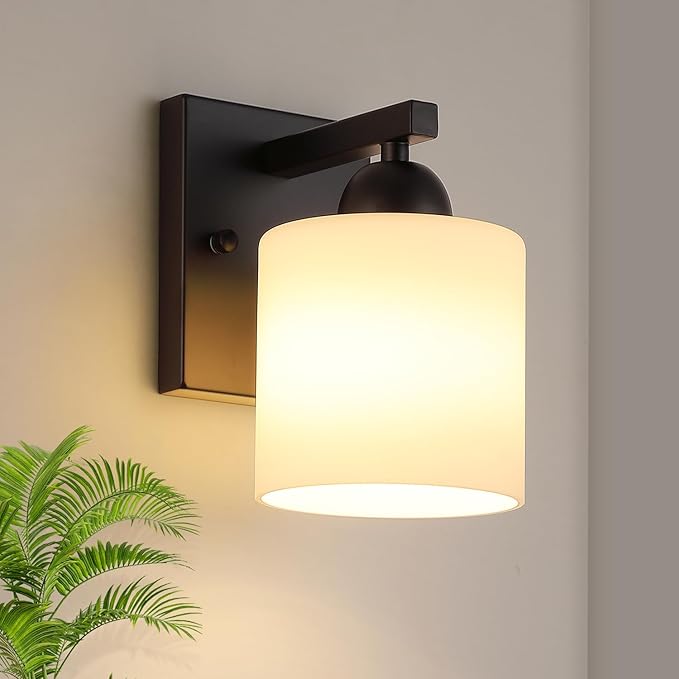 Mecgirn Matte Black Milk Glass Wall Sconces, 1 Pack Hardwired Indoor Wall Light Fixtures for Living Room, Hallway, Bedroom, Ceramic E26 Sockets (Bulbs Not Included)