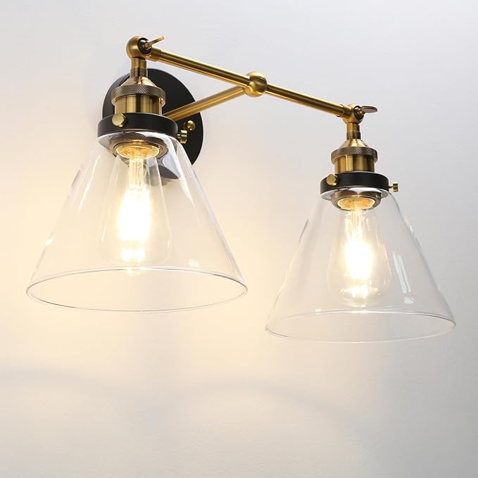 PERMO Industrial 2-Lights Wall Sconces with Dual Funnel Clear Glass Shade Double Sconce Antique Wall Sconce for Mirror Hallway Bedroom, Hardwired, E26 Base