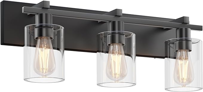 Espird Bathroom Vanity Light,3 Light Matte Black Light Fixture with Thickened Clear Glass Shade, 21 inch Modern Wall Sconce, Bathrooms Vanity Light Over Mirror for Bathroom