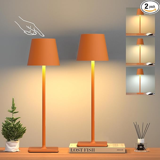 Yogaret Orange Cordless Table Lamp Set of 2-3 Way and Stepless Dimmable - for Restaurant Dining Bedroom Home Bar