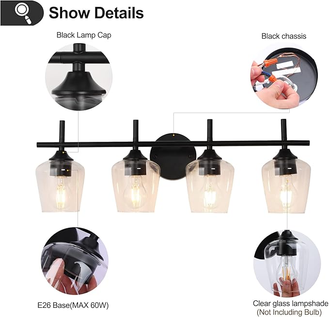 Bathroom Light Fixtures 4-Light Brushed Nickel Bathroom Vanity Light with Clear Glass Shade, Modern Wall Lights for Bedroom Hallway Living Room (Black, 4-Light)