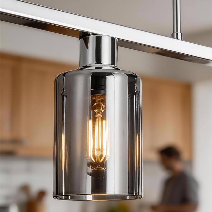 4-Light Kitchen Island Lighting, Chrome Dining Room Light Fixture/Island Light Over Table Hanging for Farmhouse Linear Chandeliers Rustic Ceiling Pendant Light Fixtures with Smoke Gray Glass Shade