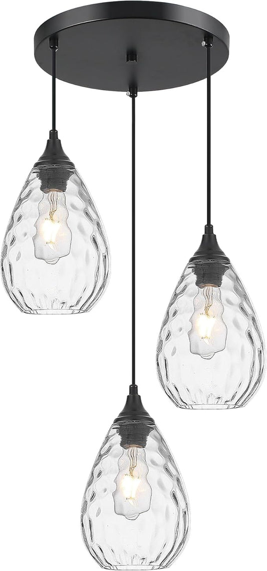 Black 3-Light Pendant Lighting, Modern Dining Room Light Fixture Over Table with Hammered Glass, Cluster Hanging Lights for Kitchen Island Dining Room