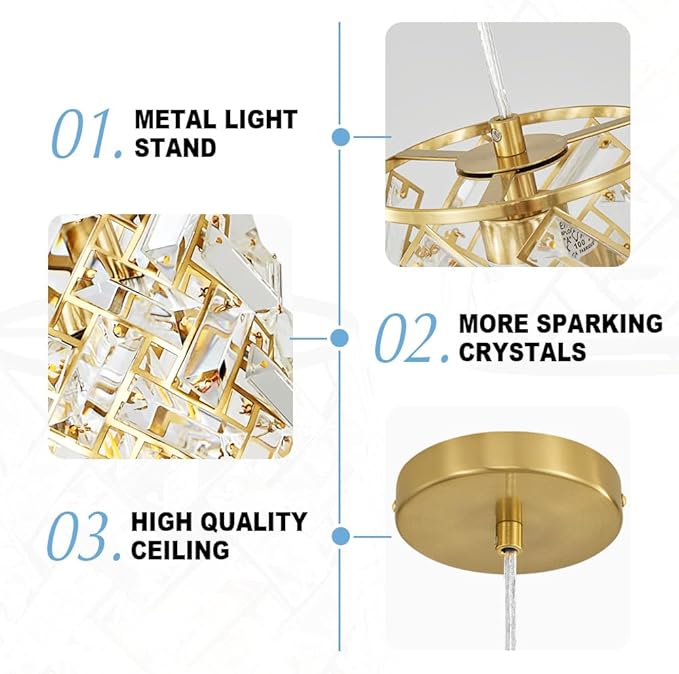 Gold Pendant Lights Kitchen Island, Mini Crystal Modern Kitchen Pendant Lighting Over Sink with 10.2" Clear Glass Shade Chandeliers, Adjustable Pendant Light Fixture for Dinning Room Bedroom Entryway