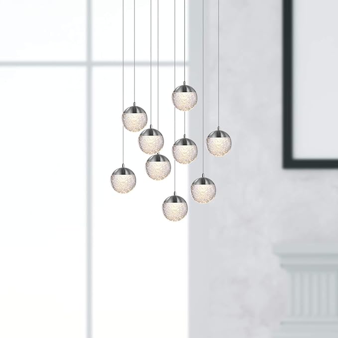 contec development Galaxy 9 Mini Pendant Crystall Ball Lighting Nickel - LED Hanging Light Fixture: Kitchen Island, Bar, Foyer - Cluster Pendants - Dimmable, Adjustable Wire, Lamp Bulb Included