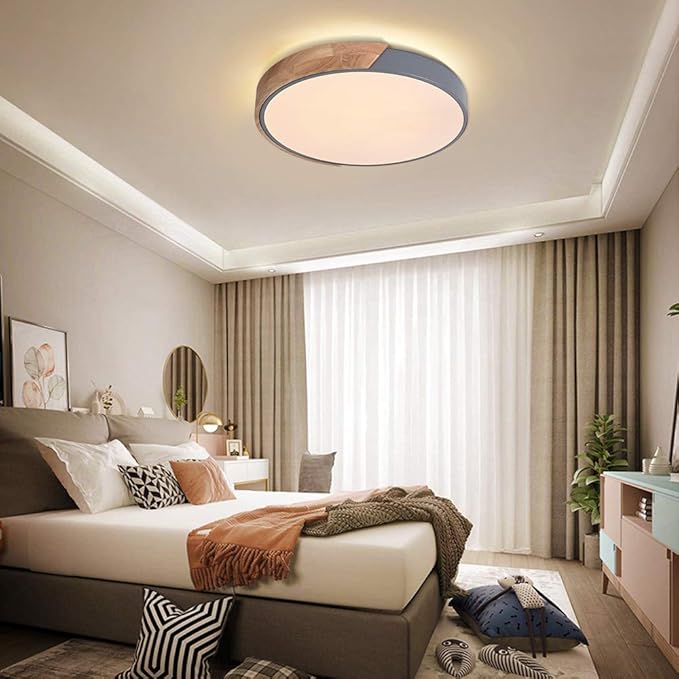 EDISLIVE Ceiling Light Dimmable 11 inch Modern Minimalist LED Round Shaped Wood & Metal & Acrylic Flush Mount Ceiling Light with Remote Control Gray