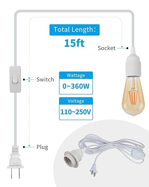Plug in Hanging Light Cord,E26/E27 Extension Hanging Plug in Light Sockt, 2-Pack 15FT Pendant Light Socket Kits White for Kitchen Bedroom Farmhous.