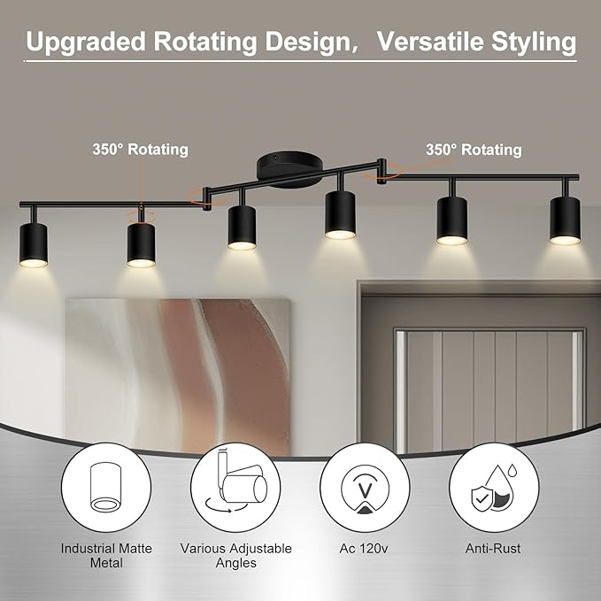 AUQUEE 6 Light Track Lighting Fixtures Ceiling, Matte Black Kichen Track Lighting Fixtures with Rotatable Light Heads, Foldable Lamp Arms, Modern LED Track Lights for Kitchen/Hallway, No GU10 Bulb