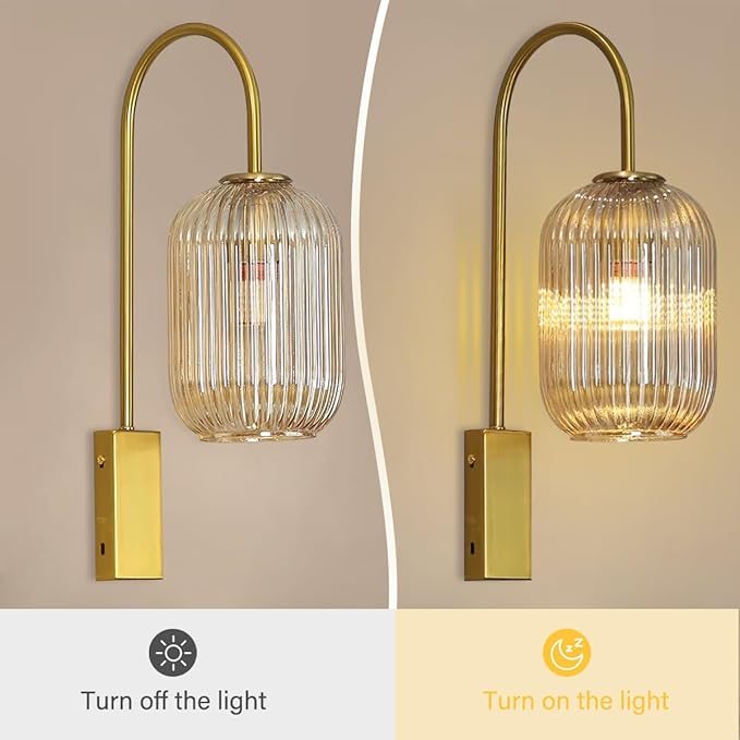 1-Light Bathroom Vanity Light fixtures Glass Globe Wall Sconce Lights Gold Wall Mount Light with Amber Glass Shade Mid Century Modern Wall Sconce for Over Mirror Bedroom Hallway