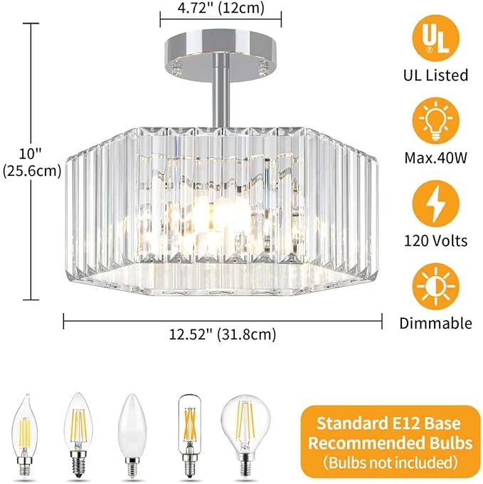 TOULMJ Crystal Semi Flush Mount Ceiling Light, 3-Light Modern Close to Ceiling Light Fixtures, Chrome Hallway Light Fixtures Flush Mount Chandelier for Entryway Kitchen Bedroom Bathroom Laundry Room