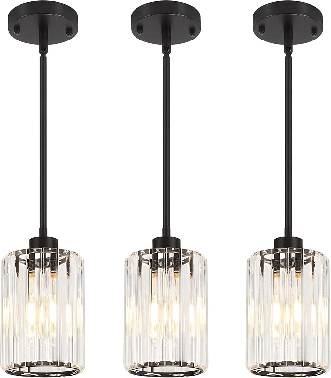 3 Pack Black Pendant Lights Kitchen Island, Modern Crystal Kitchen Pendant Lighting Over Island, Adjustable Hanging Bathroom Light Fixtures Mini Pendant Light for Dining Room Hallway Entryway Foyer