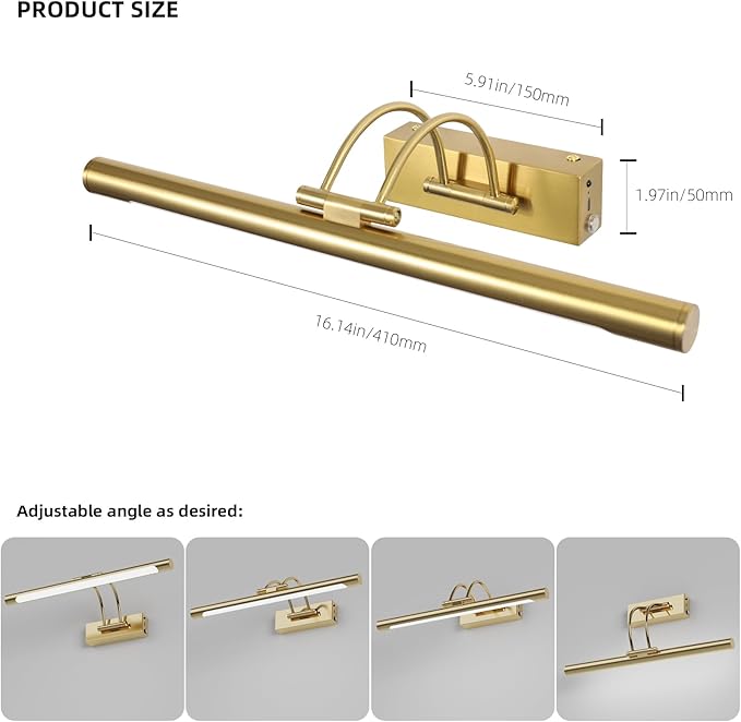Picture Frame Light,16 inch Wireless Picture Lights Rechargeable for Wall with Remote,5000mAh 3CCT Dimmable and Timer Remote Art Lighting for Paintings for Pictures Display,Gold