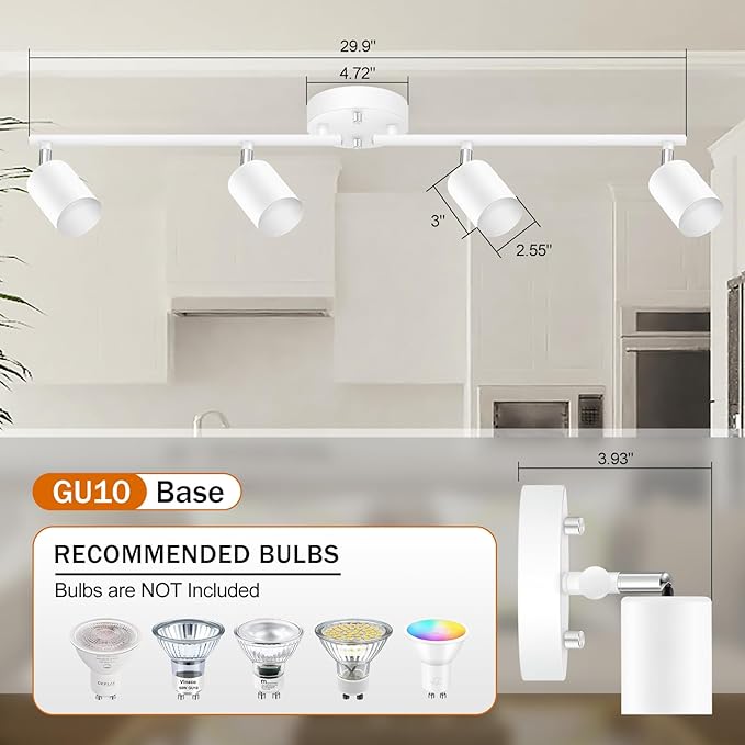 White Track Lighting Ceiling Fixture, Kitchen Light Fixtures, 30" 4-Light Rotatable LED Track Lights, Semi Flush Wall Sconces Lighting for Dining Room/Hallway/Office(GU10 Socket, Bulb Not Included)