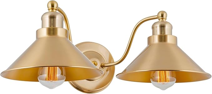 Kira Home Welton 19" 2-Light Modern Farmhouse Gold Vanity Light with Dual Funnel Shades, Industrial Gold Wall Sconce Bathroom Light, Cool Brass Finish