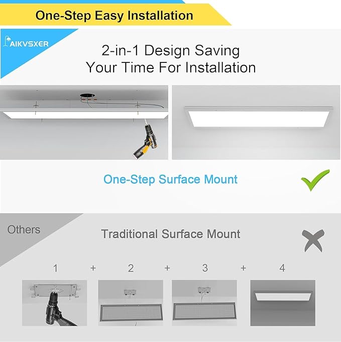AIKVSXER 48PACK 1x4 LED Flat Panel Light Surface Mount LED Ceiling Light, 5500LM 50W TRIAC 10-100% Dimmable, 3000/4000/5000K AC120V Kitchen Lights Ceiling Flush Mount for Garage/Basement/Laundry