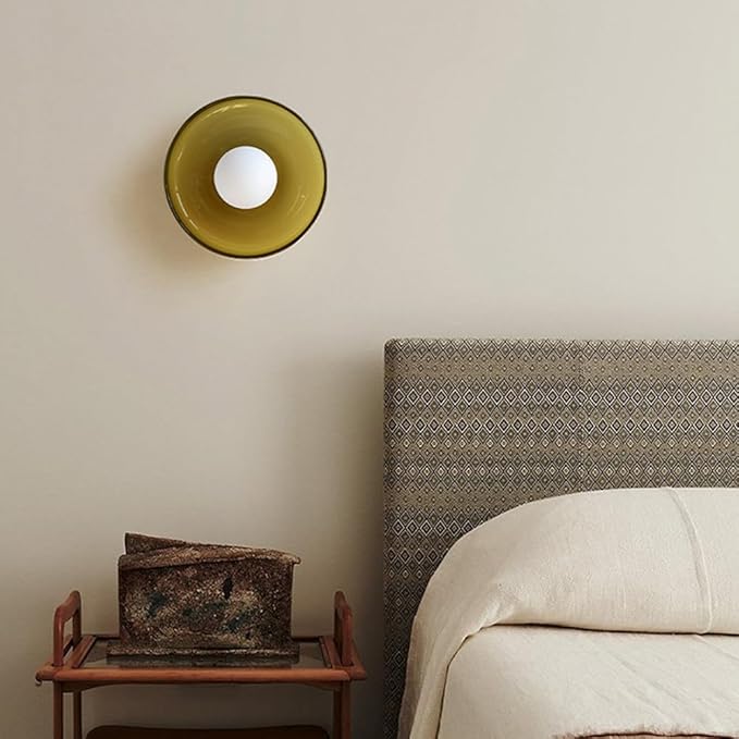 Mid Century Orange Glass Semi Flush Mount Ceiling Light with Milk Globe Nordic Modern Green Hallway Lighting Fixtures Round Bedside Wall Mount Lamp for Bedroom Cloakroom Stairway