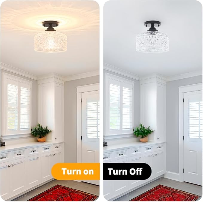 Small Semi Flush Mount Ceiling Light Fixture, Vintage Matte Black Close to Ceiling Lighting with Etched Glass Shade for Hallway, Kitchen, Entryway (Retro Design, Easy Install)