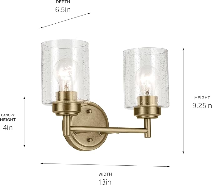 Kichler Winslow 13" 2-Light Bathroom Vanity Light Fixture with Clear Seeded Glass in Natural Brass for Luxe Industrial Style Over Mirror (13" x 9.25" x 6.5"), 45885NBR