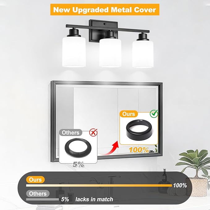 Unicozin 3-Light Bathroom Light Fixtures, Modern Black Vanity Light Over Mirror, Wall Sconces with Milky White Glass Shades for Living Room Bedroom Hallway E26 Base