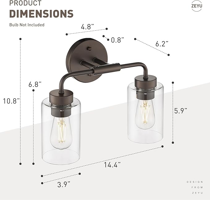 zeyu 2 Light Bathroom Vanity Light, Farmhouse Wall Sconce Lighting for Bathroom, Clear Glass Shade, Oil Rubbed Bronze Finish, ZS62B-2W ORB