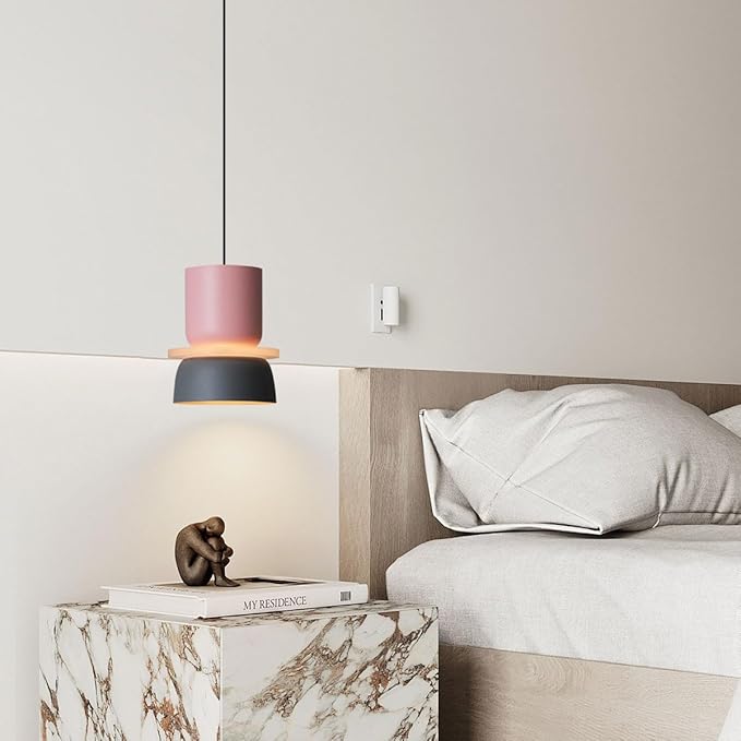 Nordic Modern Pendant Light,Colorful Pendant Light Fixture,Pink Hanging Light Fixture for Bedroom, Macaron Aluminum Finish, Mid Century Hanging Light for Kitchen Island, Dining Room