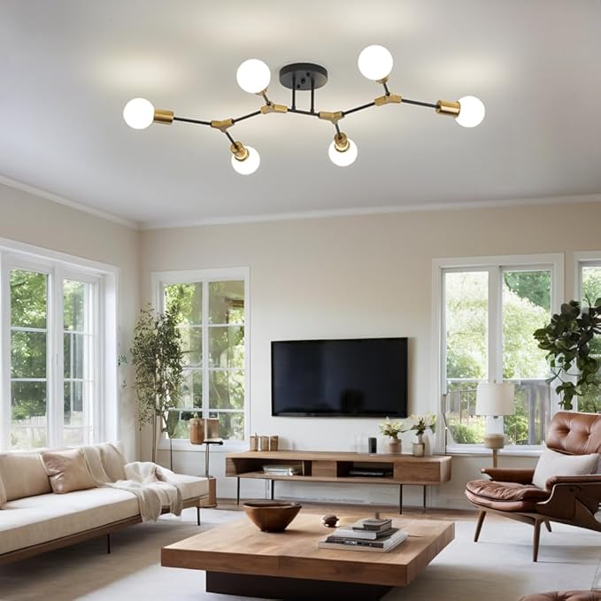 Modern Mid Centur 6 Light Semi Flush Mount Ceiling Lighting Fixture for Living Room Bedroom Dining Room Hallway Kitchen Office,Minimalist Gold and Black Sputnik Chandelier