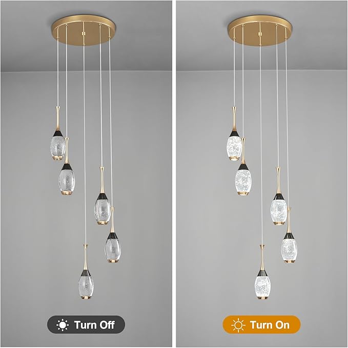 Modern Black Gold Pendant Light Dimmable LED Ceiling Light Fixtures Mini Teardrop Crystal Pendant Lighting for Kitchen Island Bedroom Hallway Entryway (5 Light，Champagne Gold)