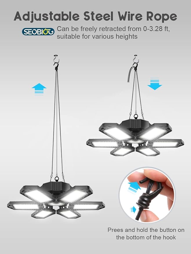 SEOBIOG 2 Pack Plug in Garage Light, Upgraded 200W 20000LM Linkable LED Shop Light, 6500K Ceiling Lights w/ 6 Deformable Panels for Garage, Warehouse, Barn, Basement (Built-in ON/Off Switch)
