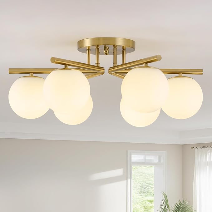 6 Lights Sputnik Ceiling Light Fixture,Semi Flush Mount Ceiling Light Sputnik with Milk Glass Globe, Brushed Brass Chandelier for Living Room, 25.98‘’ Large Mid Century Modern Fixture