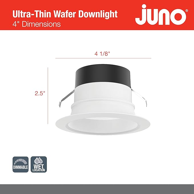 Juno E Series 4" LED Ceiling Light, Smooth Trim Recessed Lighting with 5-in-1 Switchable White Color, 700 Lumens, Wet Rated LED Downlight, Dimmable, White