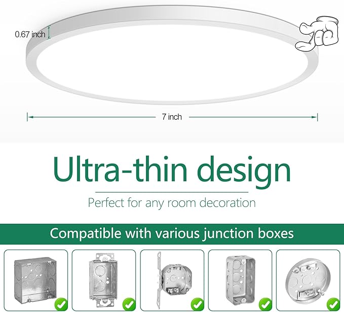 Brightever 7 Inch Flush Mount Ceiling Light, 12W 1200LM LED Ceiling Light Fixtures, 2700K/3000K/4000K/5000K/6500K Selectable, 0.67 Inch Ultra Thin Flat Ceiling Lights for Bedroom Closet, 2 Packs