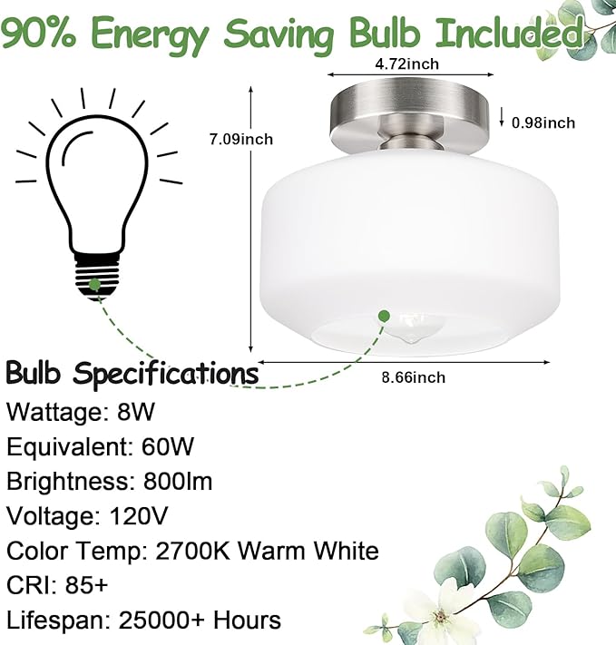 Lynnoland Industrial Semi Flush Mount Ceiling Light, Milky White Glass Shade Ceiling Light Fixture, Brushed Nickel Light Fixture for Hallway Bathroom Bedroom, Vintage Hanging Light Fixtures