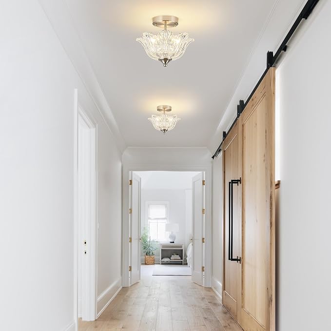 Semi Flush Mount Ceiling Light, Brushed Nickel Light fixtures with Floral Clear Glass Shade, Modern Close-to-Ceiling Lighting for Bedroom Kitchen Living Room Hallway