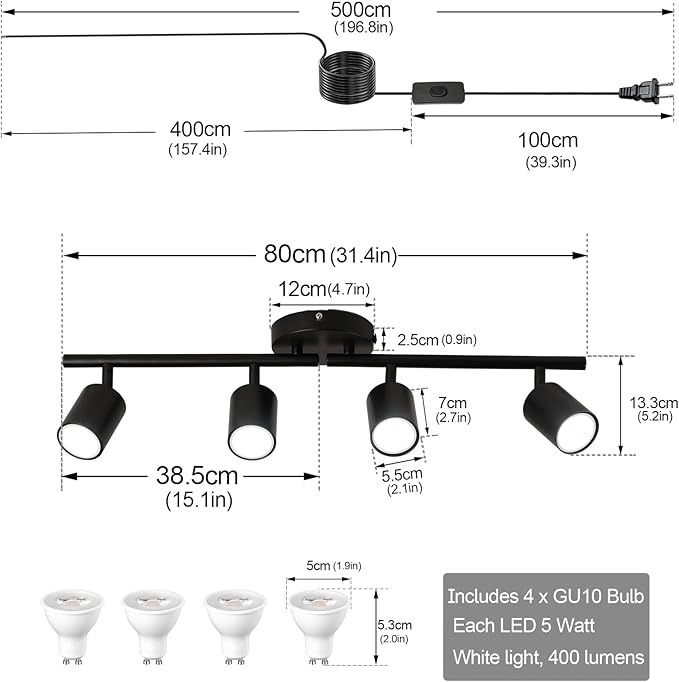 Plug in Track Lighting Kit, 80cm LED 4 Light Kitchen Track Lighting, Corded Wall Light with 16.4ft Cord, 4 Way Ceiling Spot Lighting Flexibly Rotatable Head Includes 4 x GU10 Bulb (4-Black-80cm)