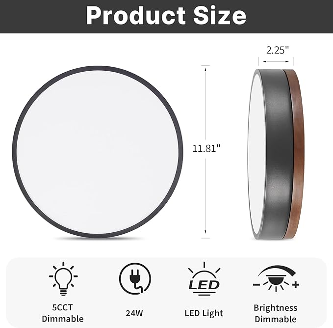 Led Flush Mount Ceiling Light: 11.8" Modern Dimmable Black Walnut Wood Low Profile Farmhouse Close to Ceiling Light Fixture - Round Minimalist Simple Flat Overhead Lighting for Bedroom Laundry Kitchen