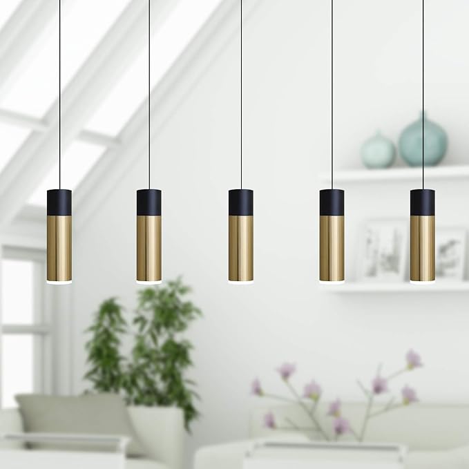 Vela 5 Mini Pendant Lighting Black-Brass - LED Hanging Light Fixture for Kitchen Island, Bar, Foyer - Cluster Pendants - Dimmable, Adjustable Wire, Lamp Bulb Included