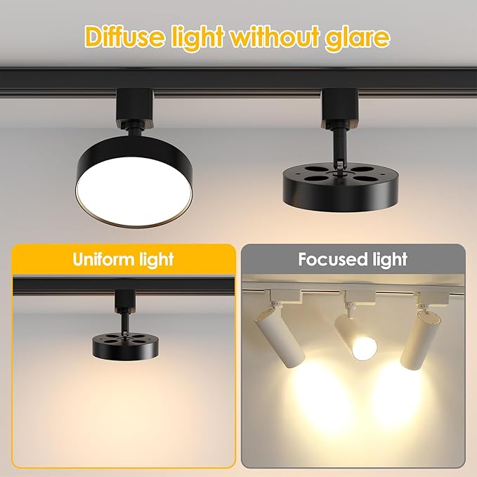 Diffuse LED Track Lighting Heads H Type Track Light Heads Dimmable Kitchen Track Lighting Fixtures Ceiling, Compatible with H Track Rails - Flicker Free CRI90+ 3000K 12W 1000lm, 1 Pack Black