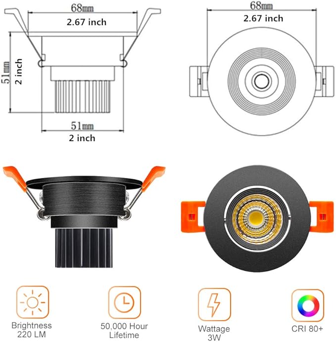 LightingWill 2inch LED Dimmable Downlight, 3W COB Recessed Ceiling Light, Natural White 4000K-4500K, CRI80, 25W Halogen Bulbs Equivalent, Black (4Pack)