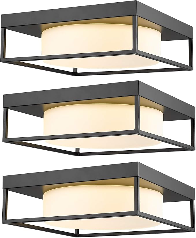 12 Inch Flush Mount Ceiling Light 3-Pack, Modern Black Ceiling Light Hallway Light Fixture LED 24W 950 Lumen Dimmable 3000K, Square Ceiling Lamp for Bedroom Kitchen Entryway Laundry Cloak Room