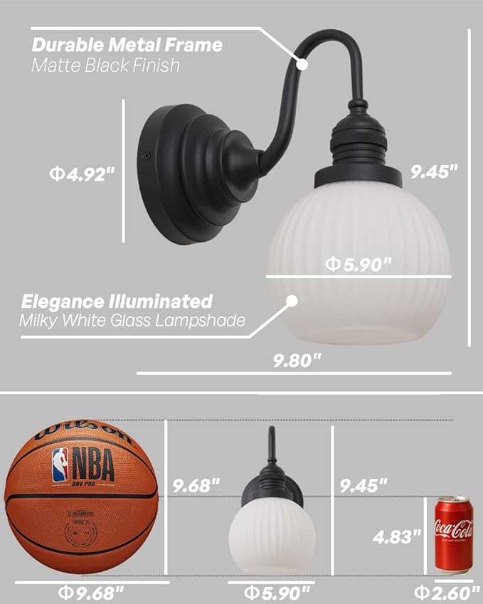 Vintage Wall Sconce Light Farmhouse Black Bathroom Vanity Light with Frosted Milk White Glass Shade Hardwire Sconce Indoor Wall Lamp Fixture for Bathroom Mirror Living Room Bedroom Kitchen